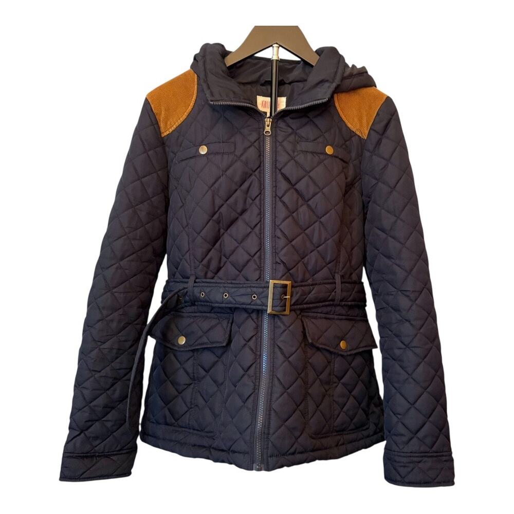 Krush Navy Brown Coat - Belt & Hood - Mid-weight Preppy Quiet Luxury Large to XL